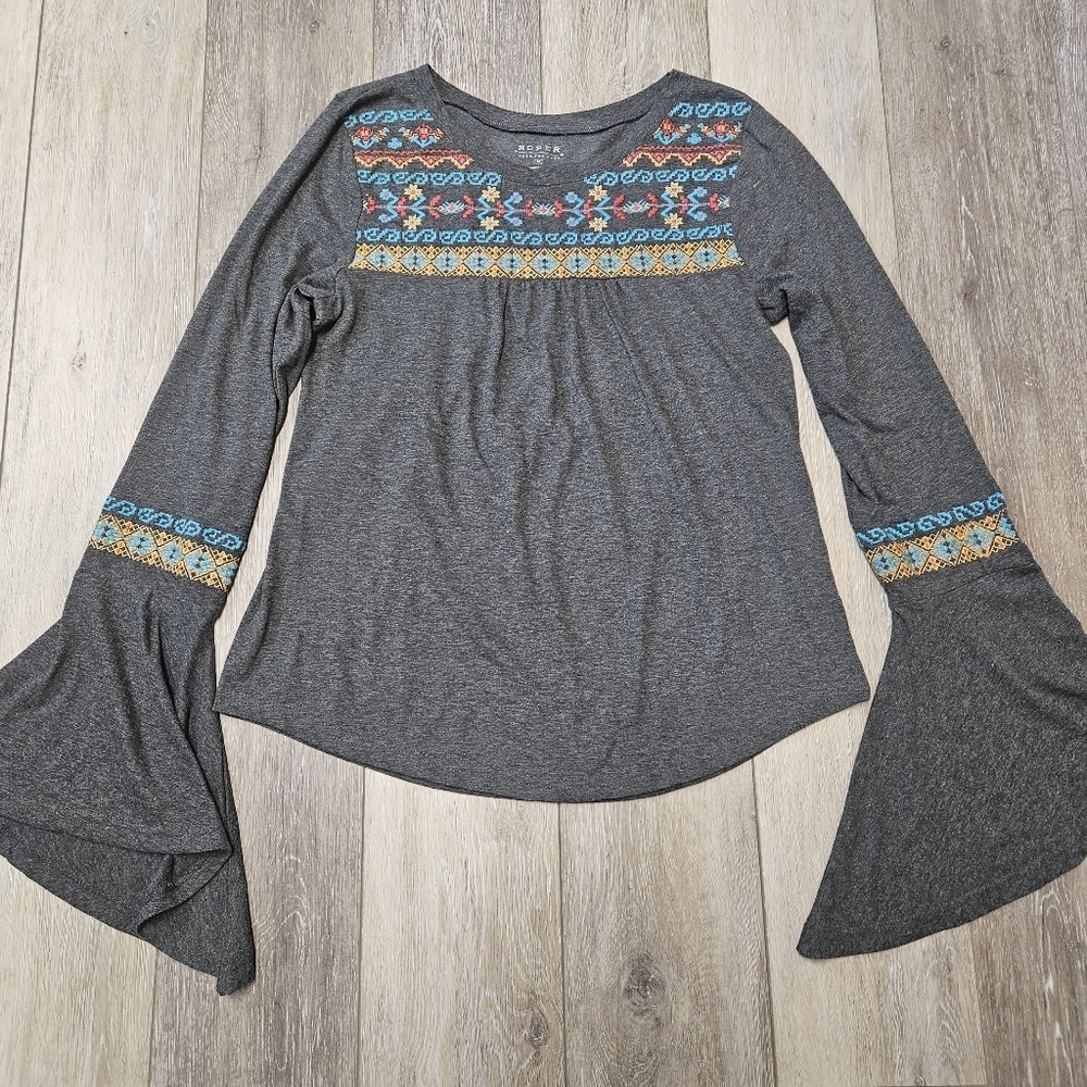 Roper Bell Sleeve Grey Embroidered Top Blouse Western Cowgirl Women's Medium - Picture 3 of 10